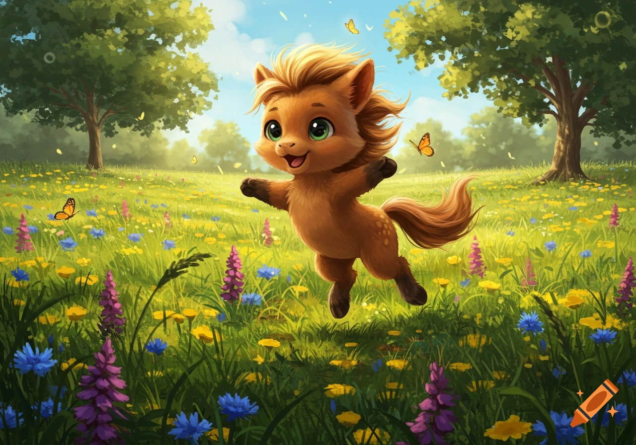 An adorable furry anthropomorphic horse jumps happily in a vibrant meadow with colorful wildflowers and trees.