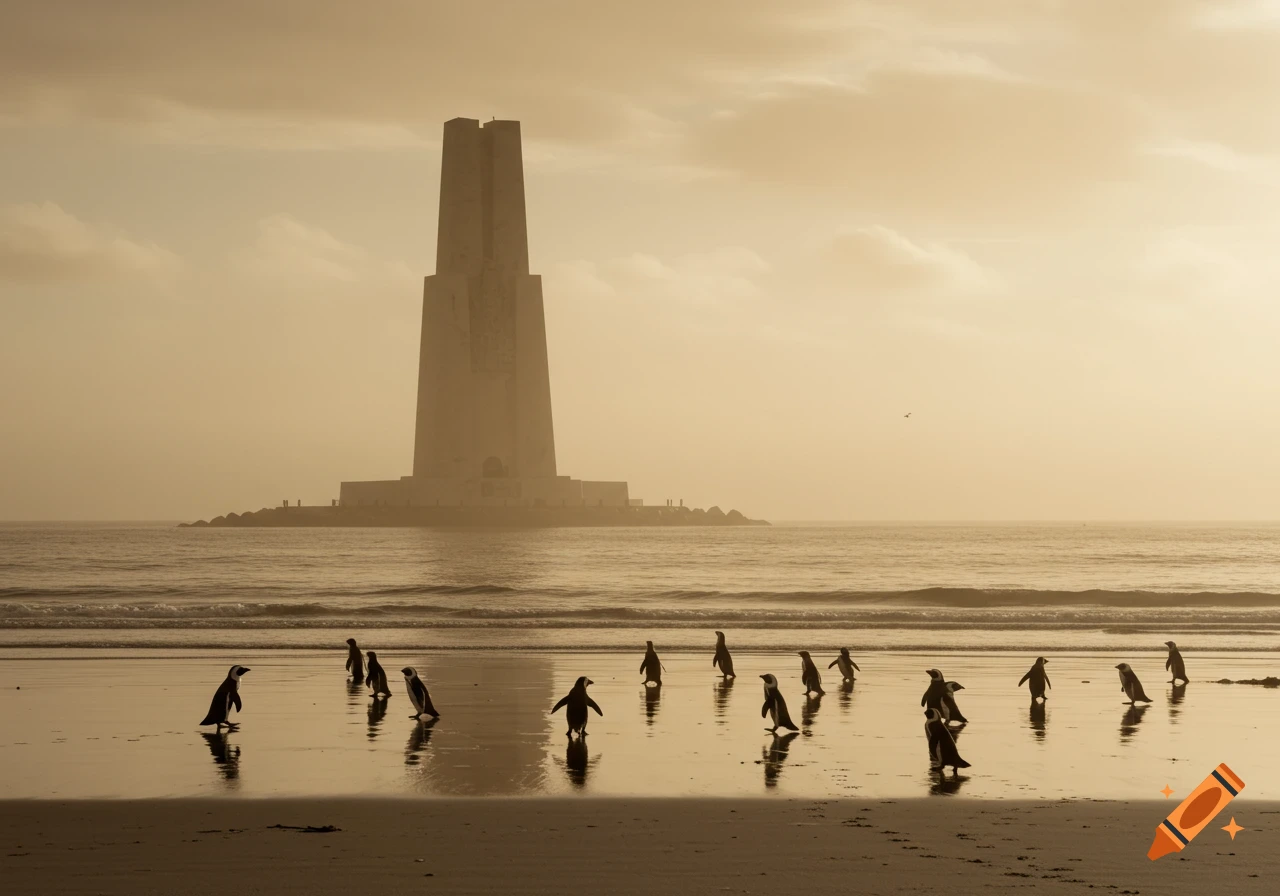 A flock of penguins walks on a wet beach in front of the tall Laboe Naval Memorial under a sepia sky.