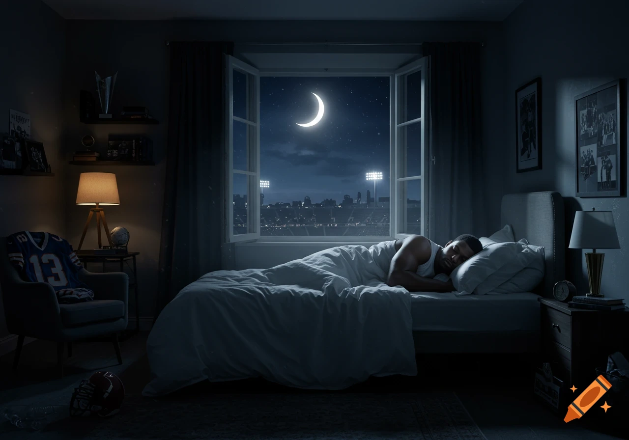A man sleeps peacefully in a dark bedroom at night, with a football jersey and helmet nearby. Outside the window, a crescent moon shines over a city skyline and stadium lights.