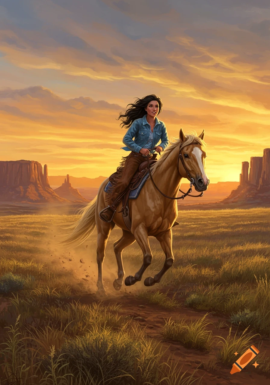 Illustrated young woman riding a palomino horse through a dusty Western desert at sunset.