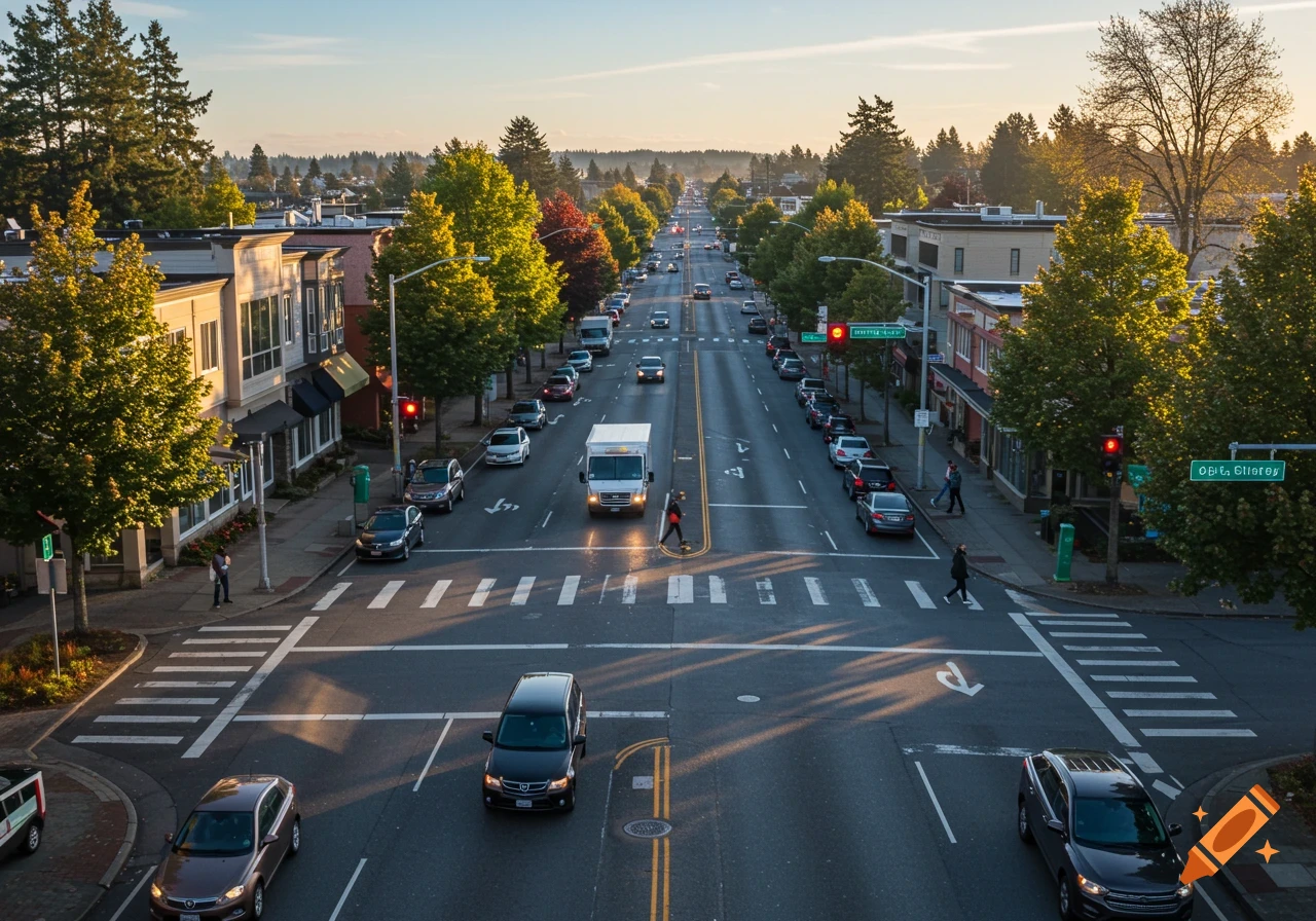 Aerial view of a photorealistic city street intersection with cars, pedestrians, buildings, and trees under clear skies.