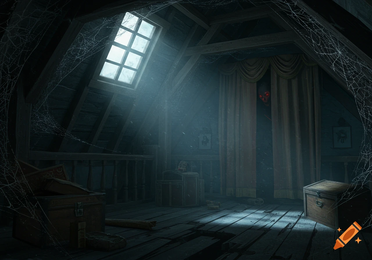 A dark, dusty attic filled with spiderwebs and old trunks, illuminated by a light beam from a window. A shadowy creature with glowing red eyes peeks from behind a curtain.