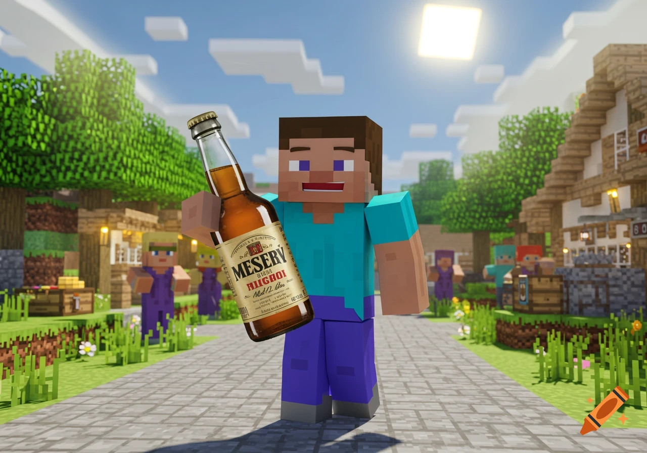 Minecraft Steve holds a bottle labeled "MESERVY RUGGOOI" in a blocky village setting under a bright sky, with other characters in the background.