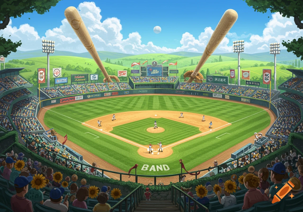 A whimsical baseball stadium with giant bats in the sky, a game in progress, and a crowd of spectators.