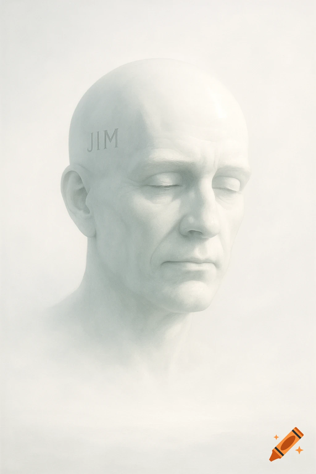 A pale, bald man's head with closed eyes emerges from a white void, with the name "JIM" subtly inscribed on his forehead.