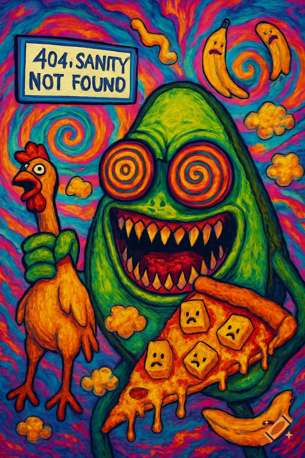 A psychedelic, green monster with spiraling eyes and a sharp-toothed smile holds a rubber chicken and a pizza slice with sad cheese cubes, against a swirling neon background with "404, SANITY NOT FOUND" sign and crying bananas.