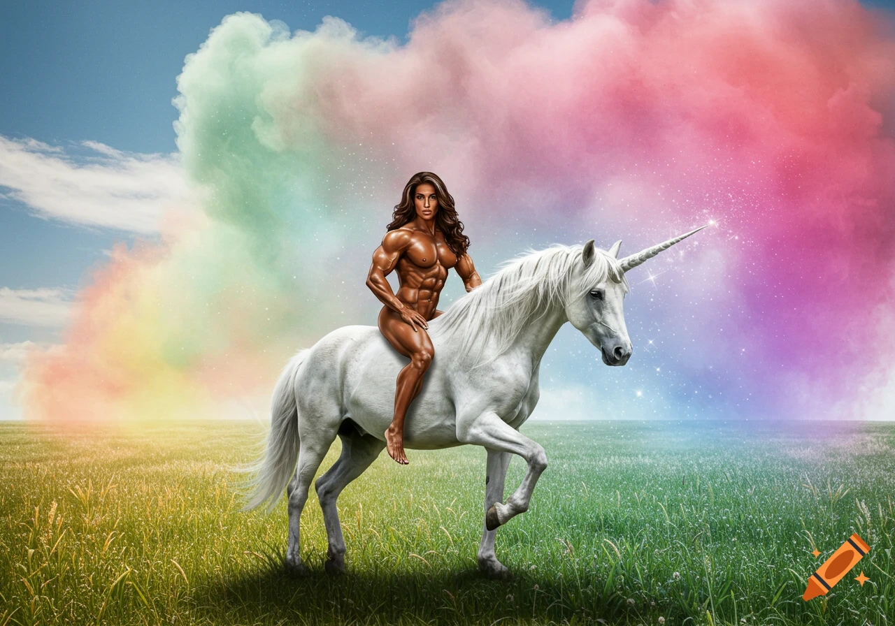 A very muscular, shirtless brunette woman rides a white unicorn across a green field under a blue sky with a large rainbow-colored cloud behind her.