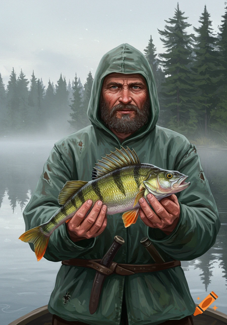 A weathered fisherman in a green hooded jacket holds a large yellow-striped perch against a misty forest background in a digital painting.