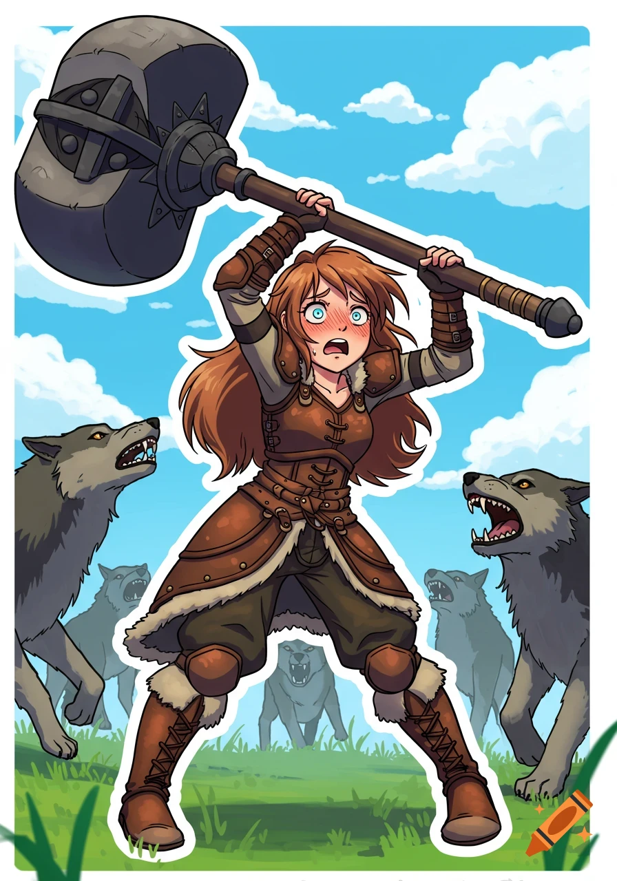 Panicked anime fantasy warrior girl in leather armor wields an oversized mace against attacking wolves in a grassy field.