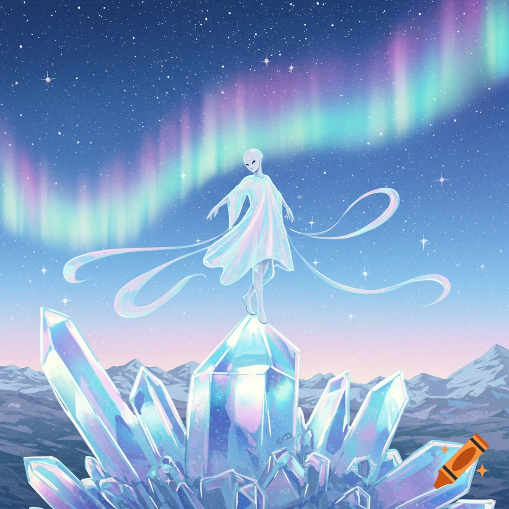 A serene alien-like figure in a flowing dress stands atop a cluster of glowing crystals under a starry sky with aurora borealis.