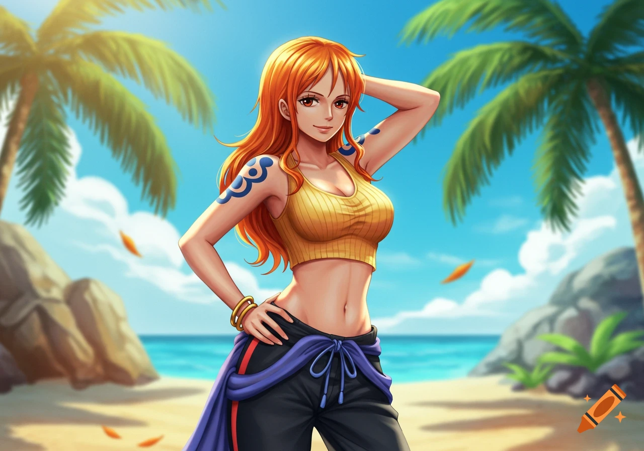 Anime illustration of Nami, an orange-haired woman in a yellow crop top and black jogging pants, posing confidently on a sunny beach.
