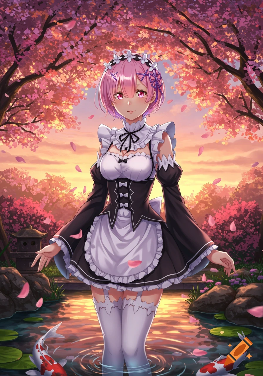 Anime girl Ram in a maid outfit stands in a pond with koi fish under pink cherry blossom trees at sunset.