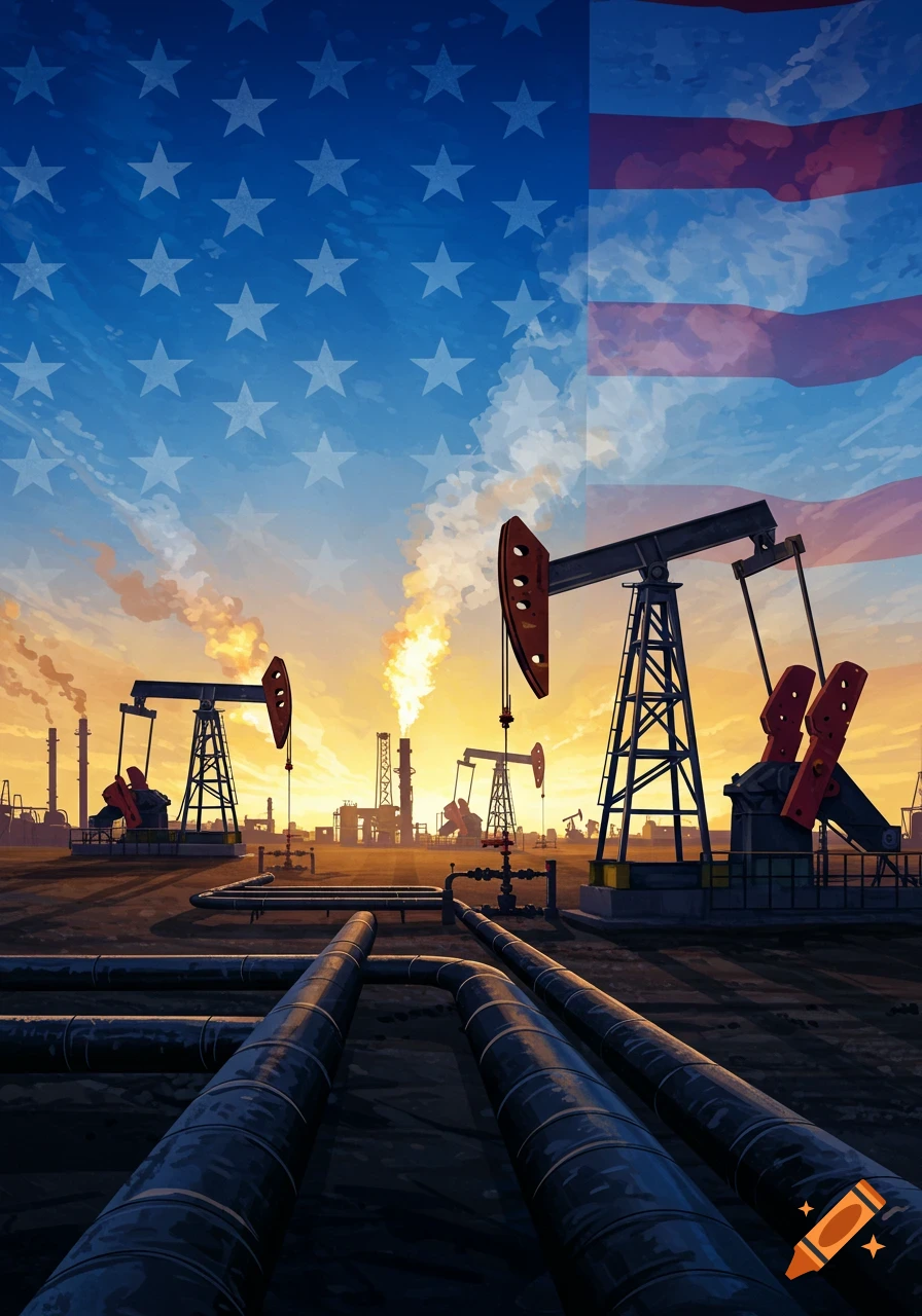 An oil field with multiple pumpjacks and industrial facilities at sunset, overlaid with a translucent American flag.