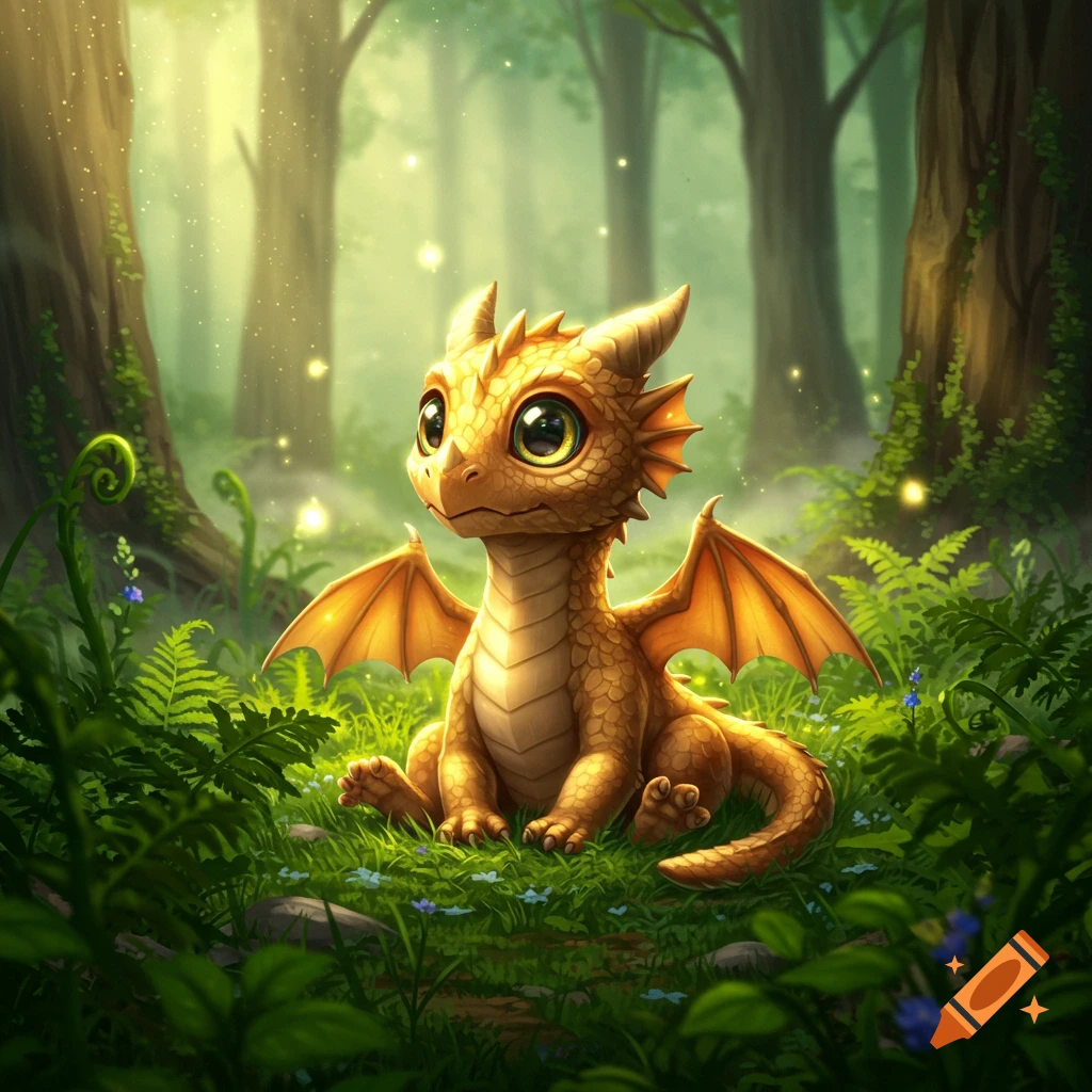 A cute golden baby dragon with big eyes sits in a lush green forest with glowing fireflies, fantasy illustration.