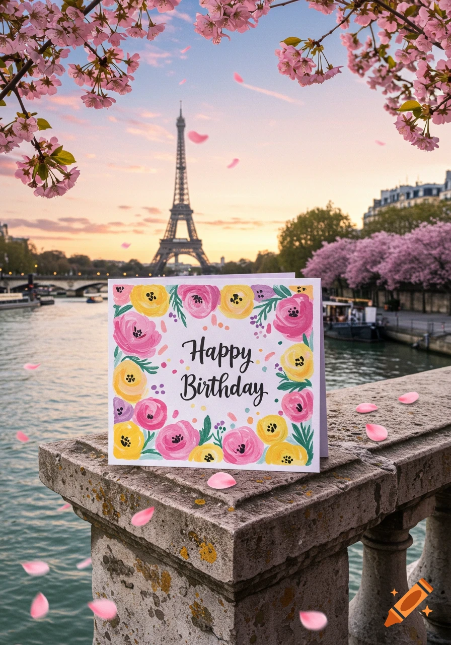 A 'Happy Birthday' card with watercolor flowers sits on a stone bridge railing in Paris, with the Eiffel Tower and cherry blossoms at sunset.