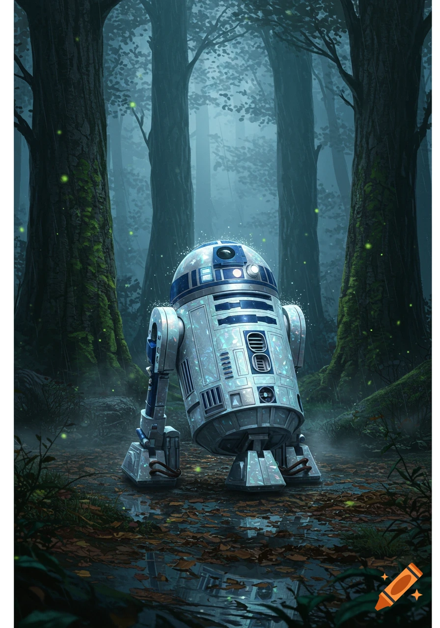 R2-D2 stands in a misty, moss-covered forest with glowing particles around it, reflecting in puddles on the ground.