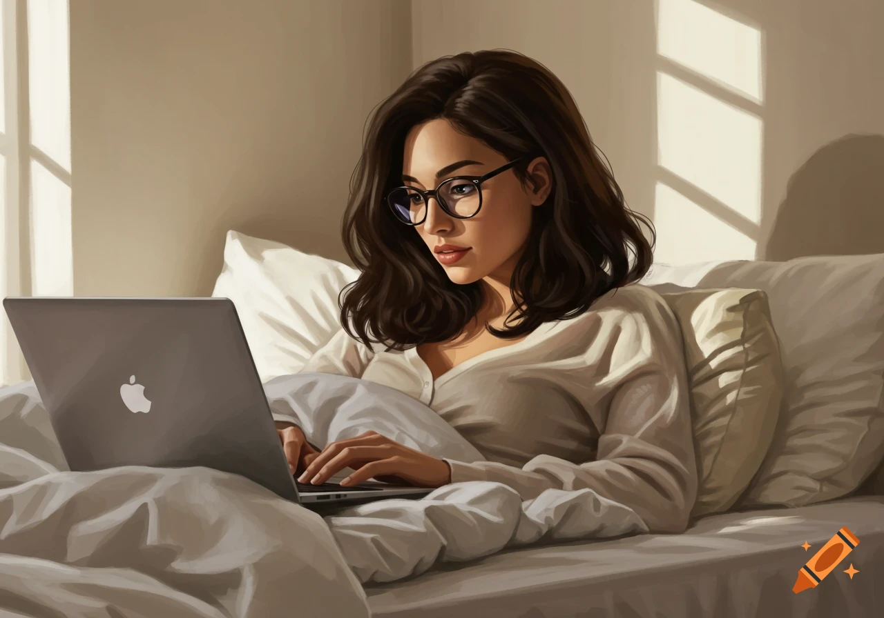 A woman with dark hair and glasses lies in bed, typing on a silver laptop, bathed in warm sunlight, digital painting.