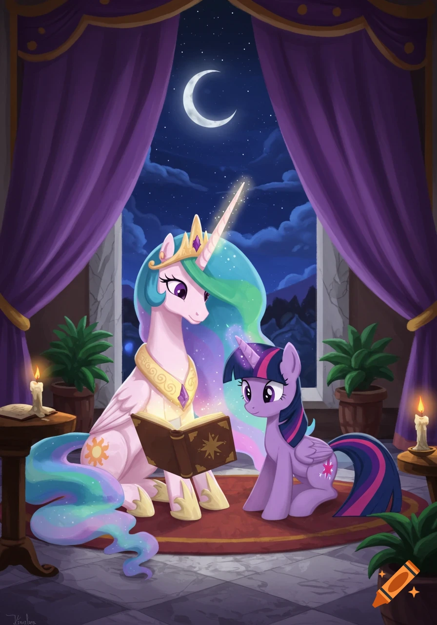 Princess Celestia reads from a book to Twilight Sparkle in a royal purple-curtained castle room at night under a crescent moon.