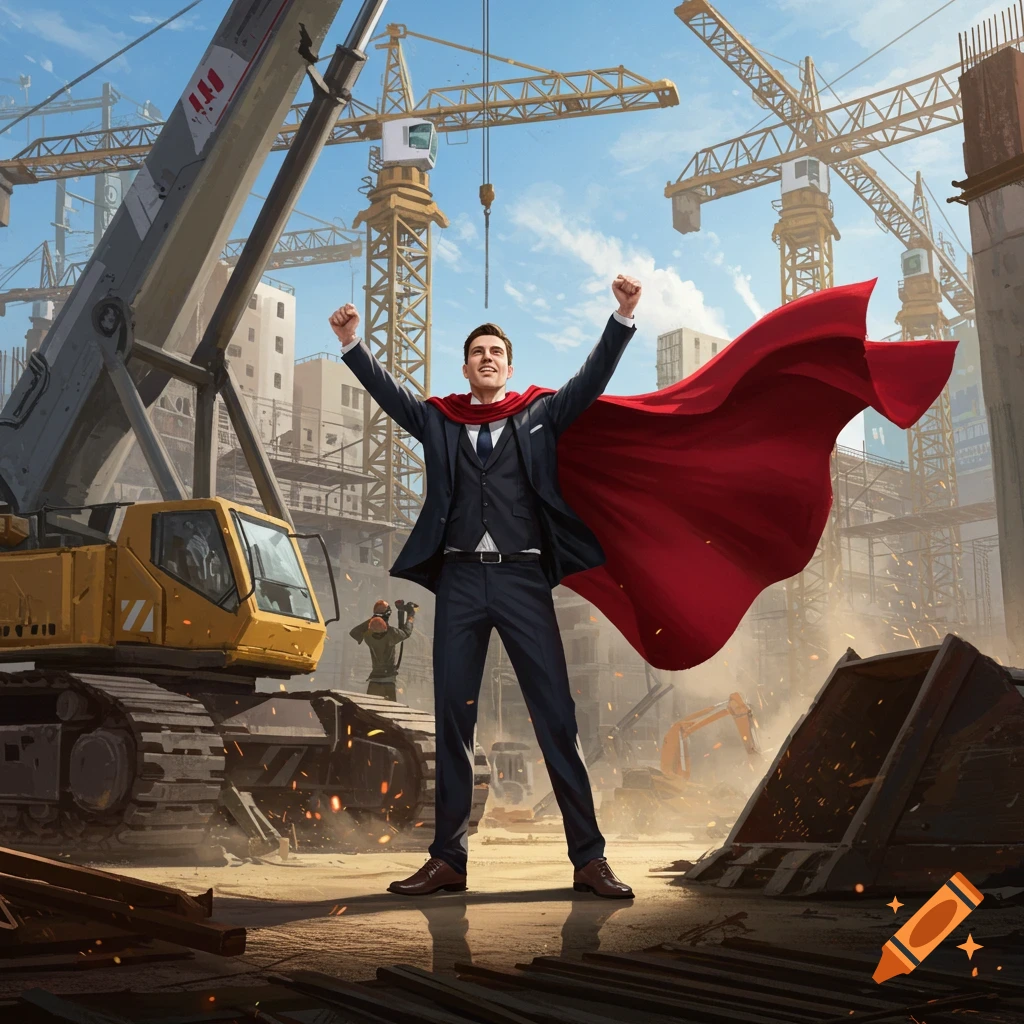 A confident businessman in a suit and red cape stands at a bustling construction site with cranes and heavy equipment.