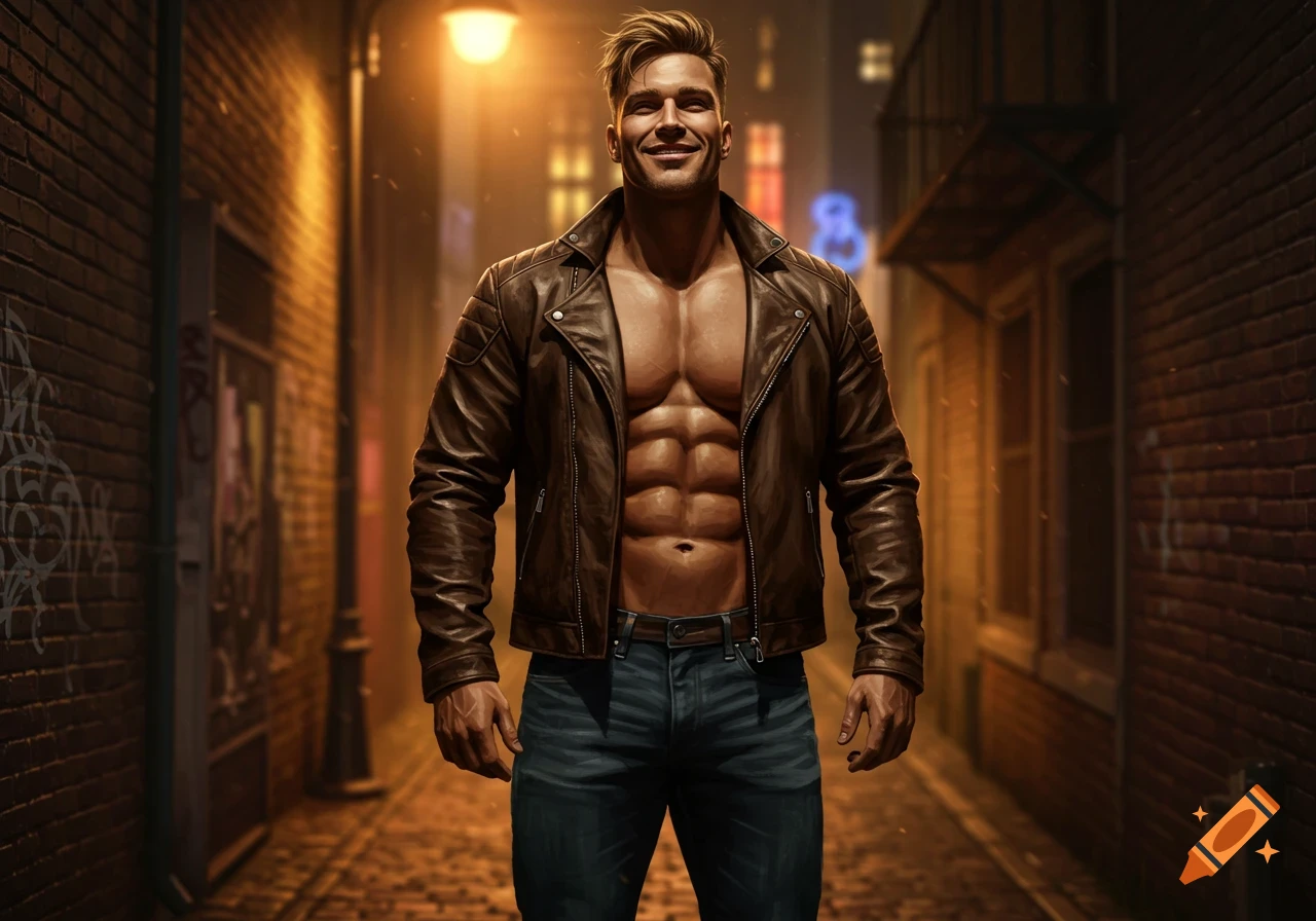 A smiling, muscular man in an open brown leather jacket and jeans stands in a dimly lit urban alley.