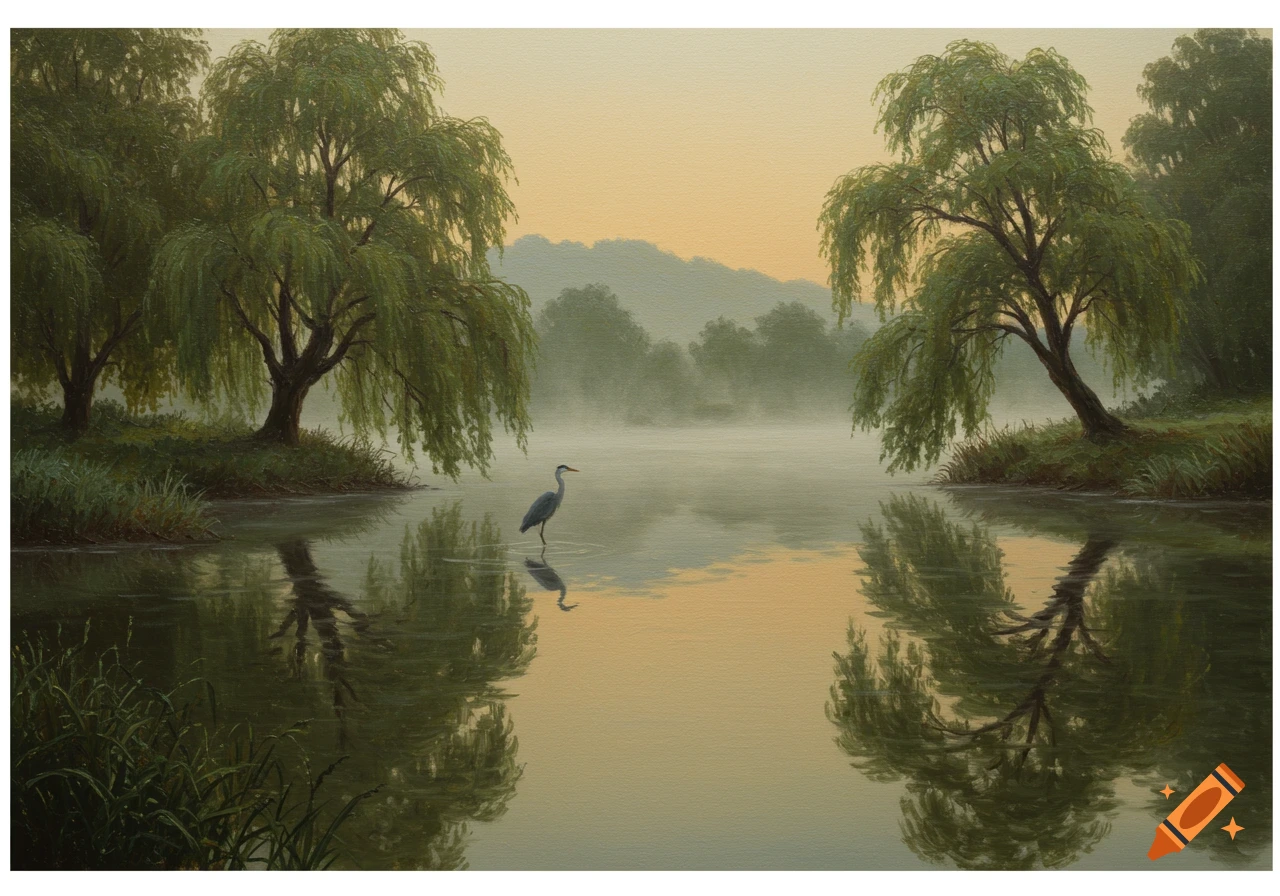 A serene painting of a heron in a misty lake, framed by weeping willow trees reflecting on the calm water at dawn.