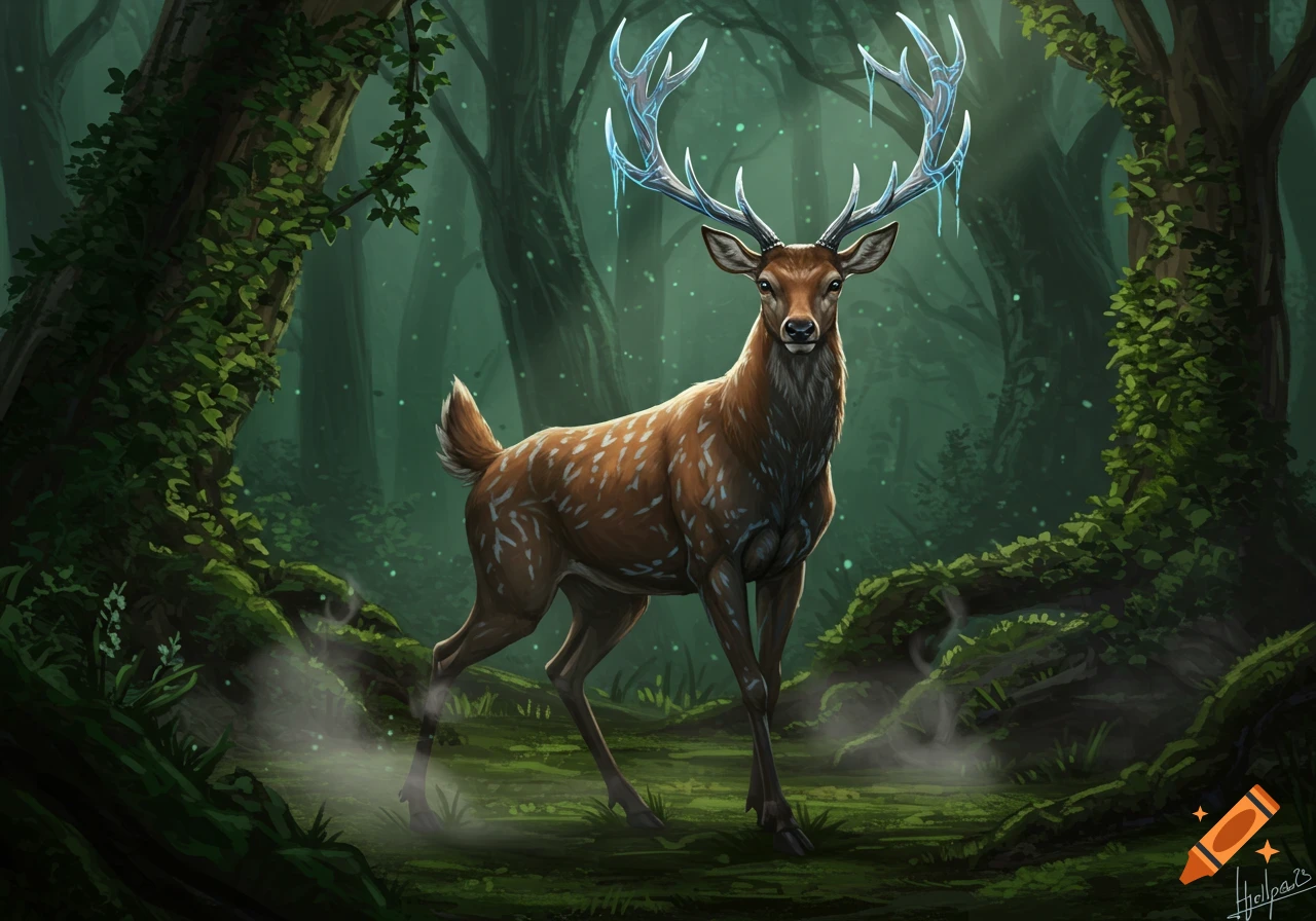 A mystical deer with glowing icy antlers stands in a dark, misty fantasy forest with glowing particles. Digital art.