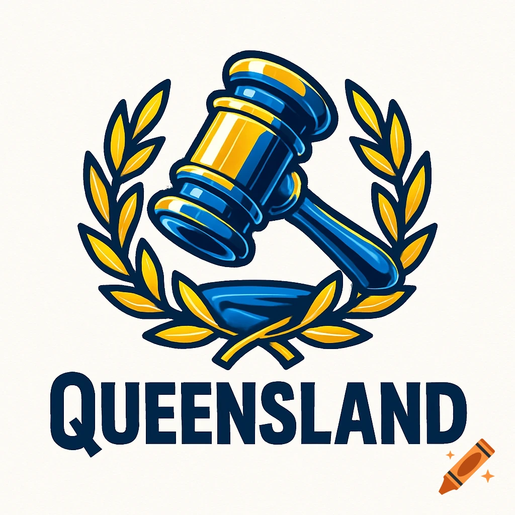 Blue and gold logo featuring a gavel over a laurel wreath, with the word QUEENSLAND in bold text below, in an anime style.
