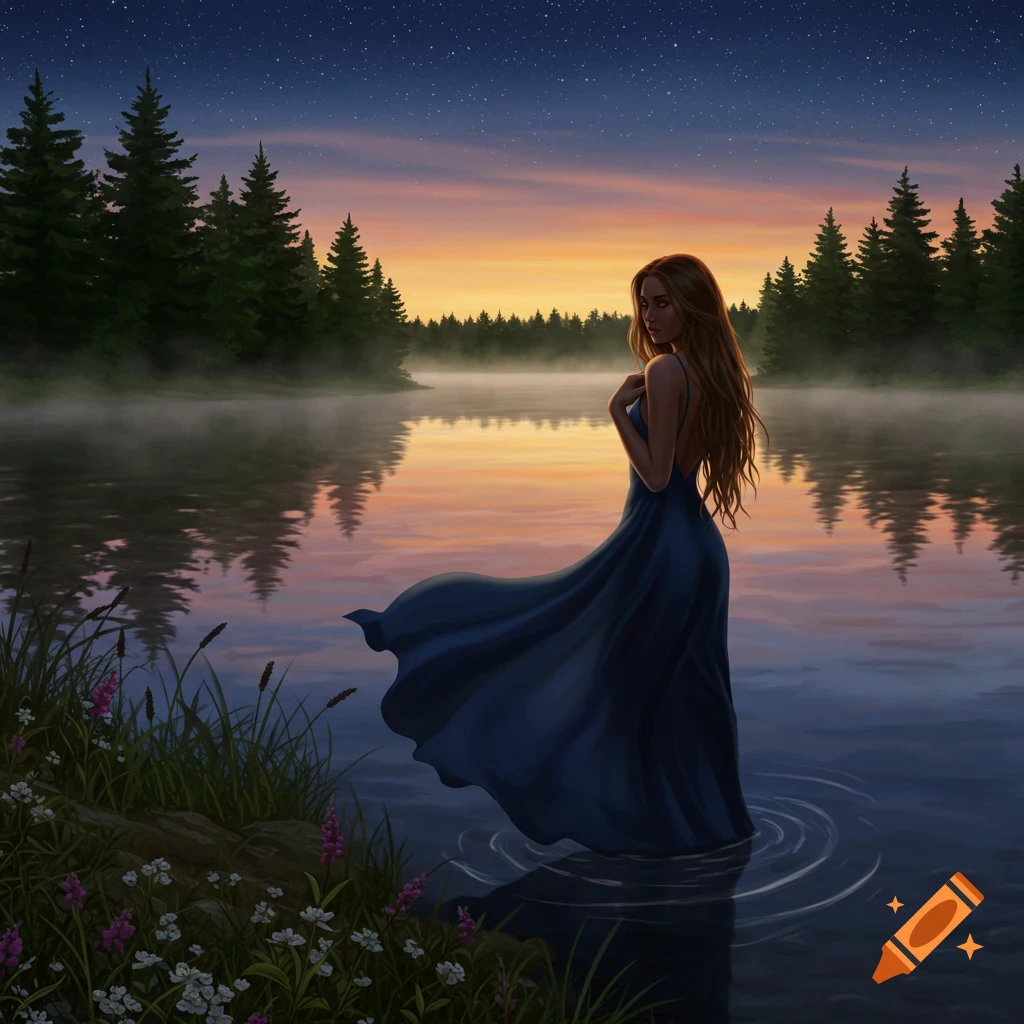 A woman in a blue dress stands in a misty lake at sunset, surrounded by trees under a starry sky. Illustrated art.