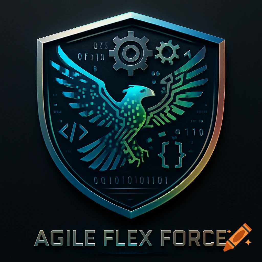 A metallic shield logo with a digital-style eagle in blue and green, gears, and code symbols, above the words "AGILE FLEX FORCE" on a dark background.