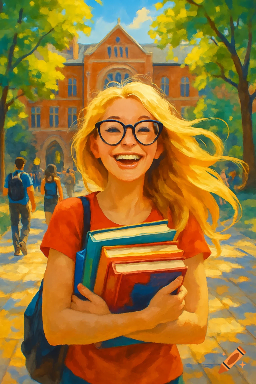 A happy student with blonde hair and glasses holds books in front of a university building on a sunny day, painted in a bright, impressionistic style.