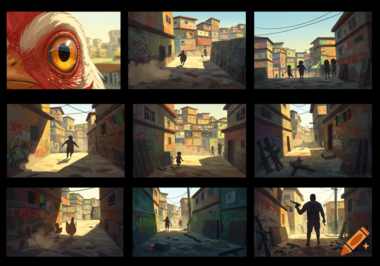 A nine-panel sequential storyboard in a 2D animated style depicts scenes in a vibrant favela, including a chicken's eye, children running, and a man holding a pistol in an alley filled with weapons.