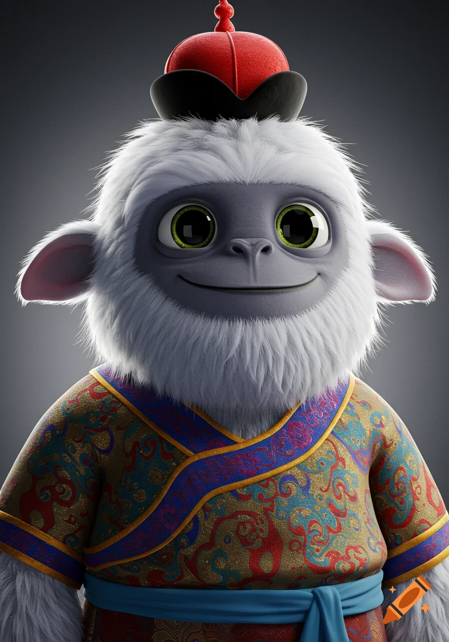 A cute, smiling, white yeti wearing a traditional colorful Mongolian deel, rendered in a cartoonish, semi-realistic style.
