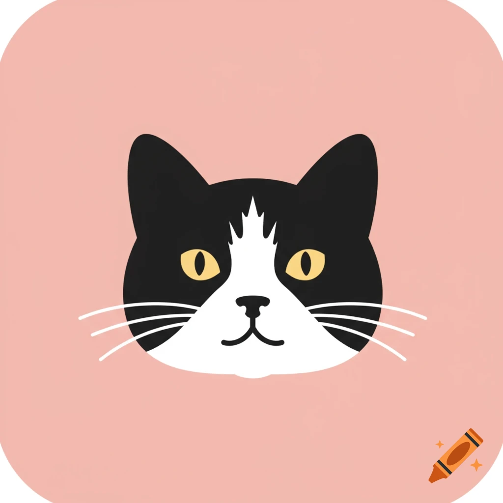 A minimalist flat vector icon of a black and white tuxedo cat's face with yellow eyes, centered on a rounded soft pink square background.