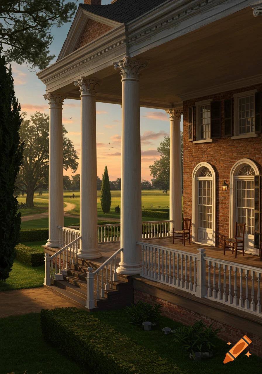 A grand, photorealistic plantation manor with neoclassical columns and a large porch at sunset, overlooking manicured lawns.