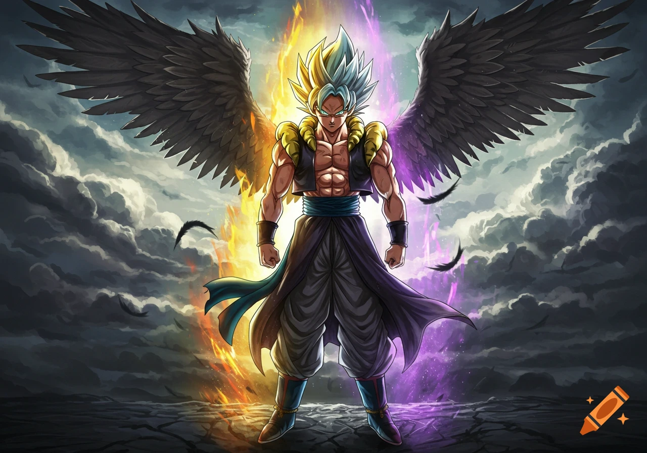 Anime character with dark wings, spiky blond hair, and an intense aura, standing against a fiery and stormy sky.