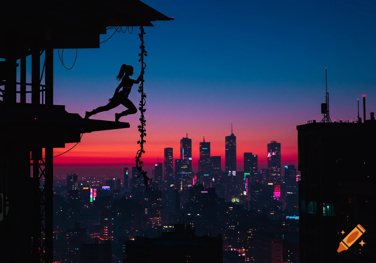 Silhouette of a cyberpunk woman climbing a vine from a building, against a vibrant sunset sky and neon city lights.