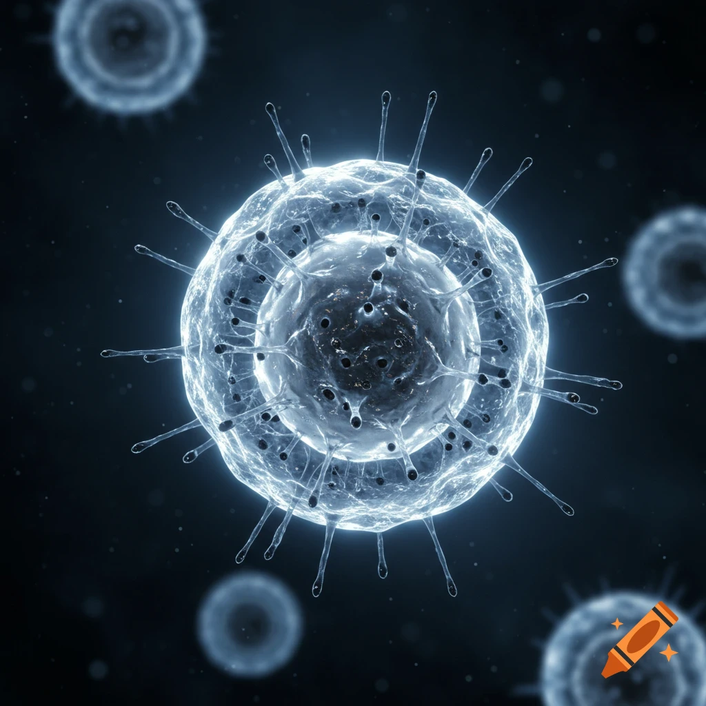 Highly detailed microscopic view of a translucent, spiky cell or virus with dark specks against a dark background.