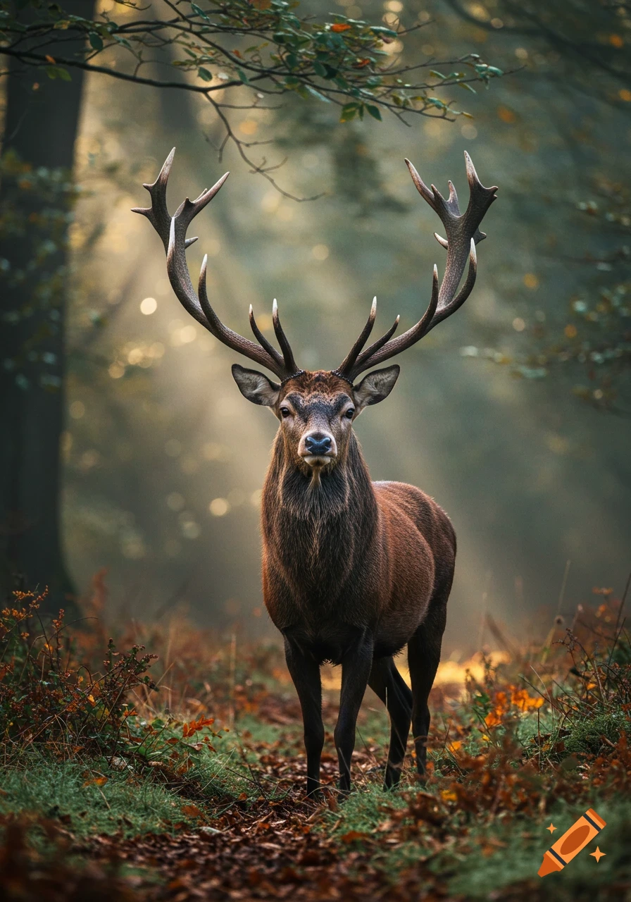A majestic stag with large antlers stands in a misty forest, illuminated by dappled sunlight filtering through the trees.