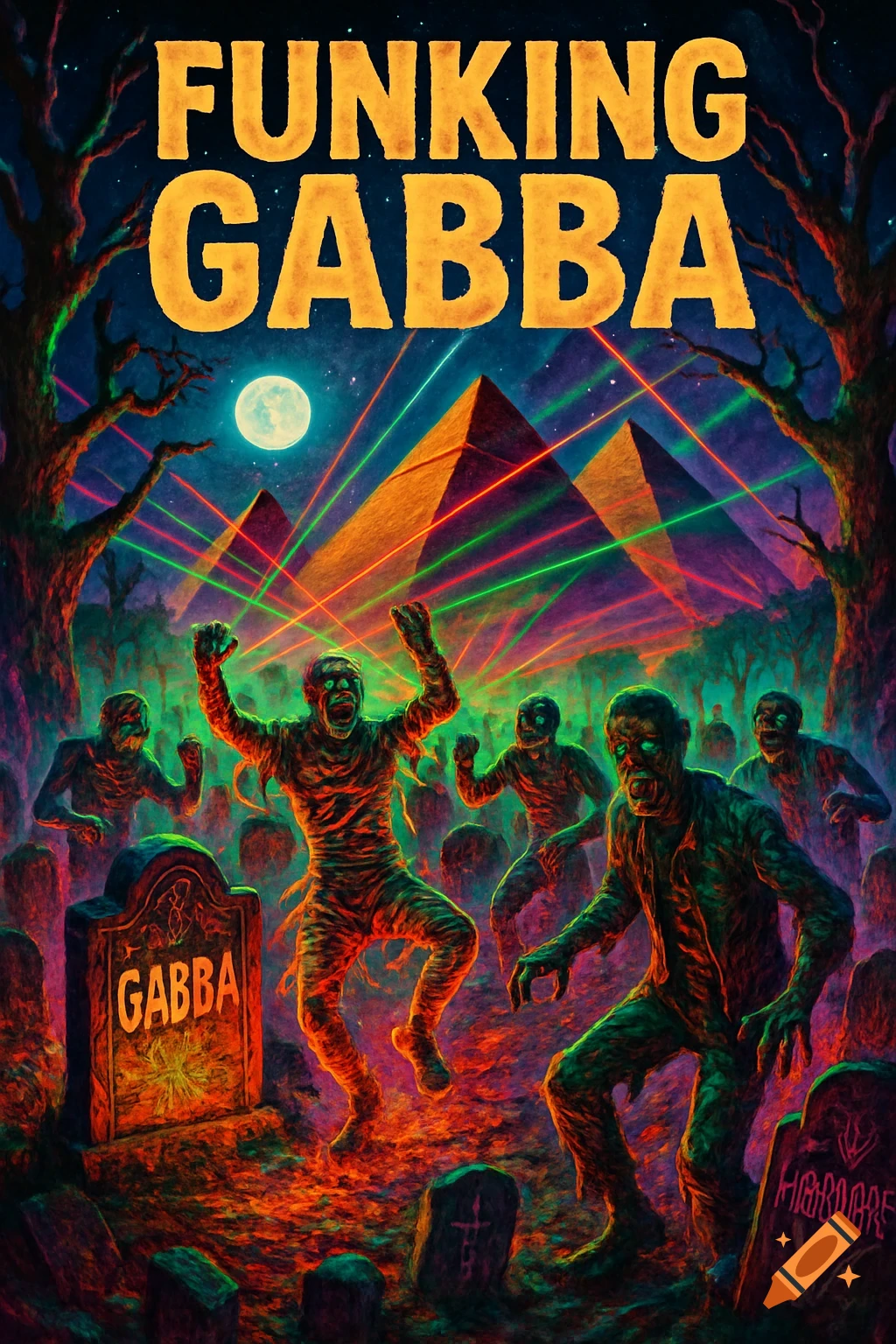 Neon horror album cover titled 'FUNKING GABBA' with dancing mummies and zombies in a graveyard, pyramids, and laser beams.