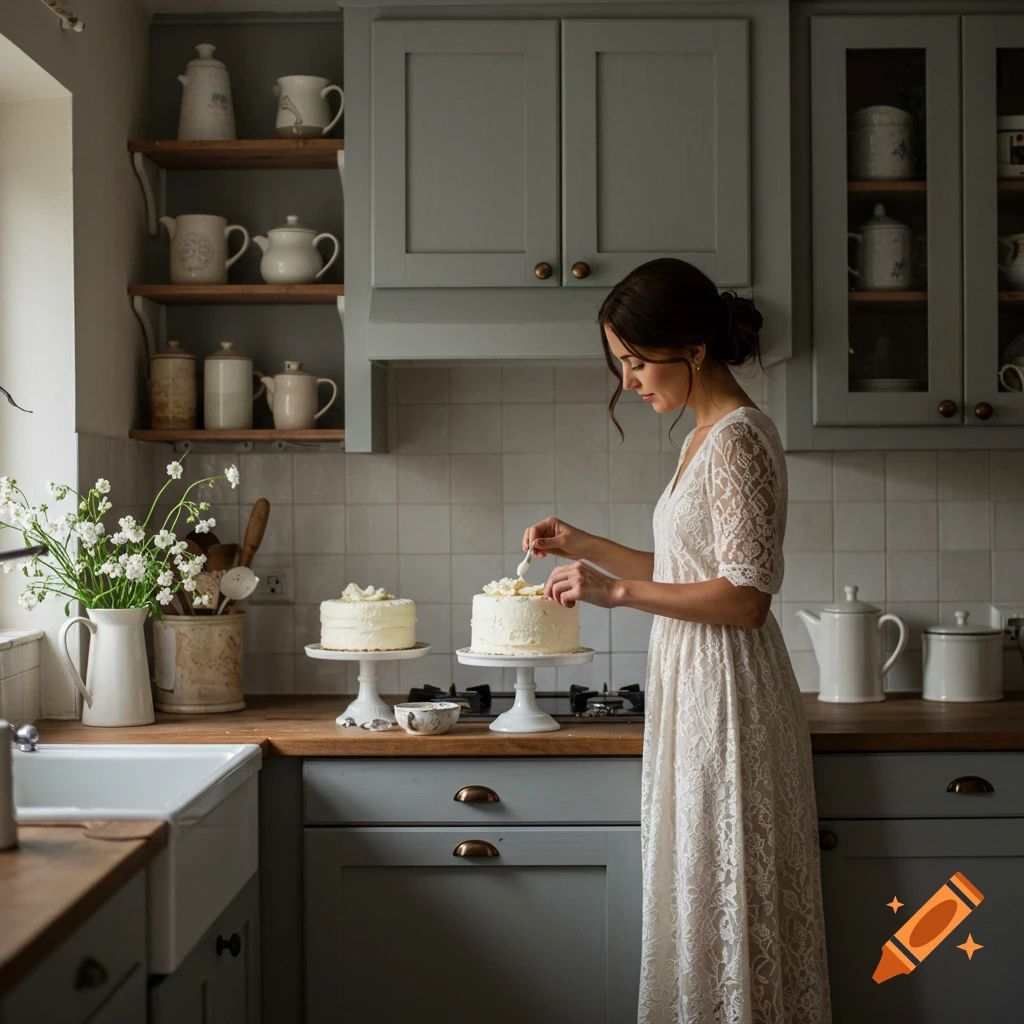 A woman in a white lace dress decorates a white cake in a rustic kitchen with wooden shelves and ceramic items.