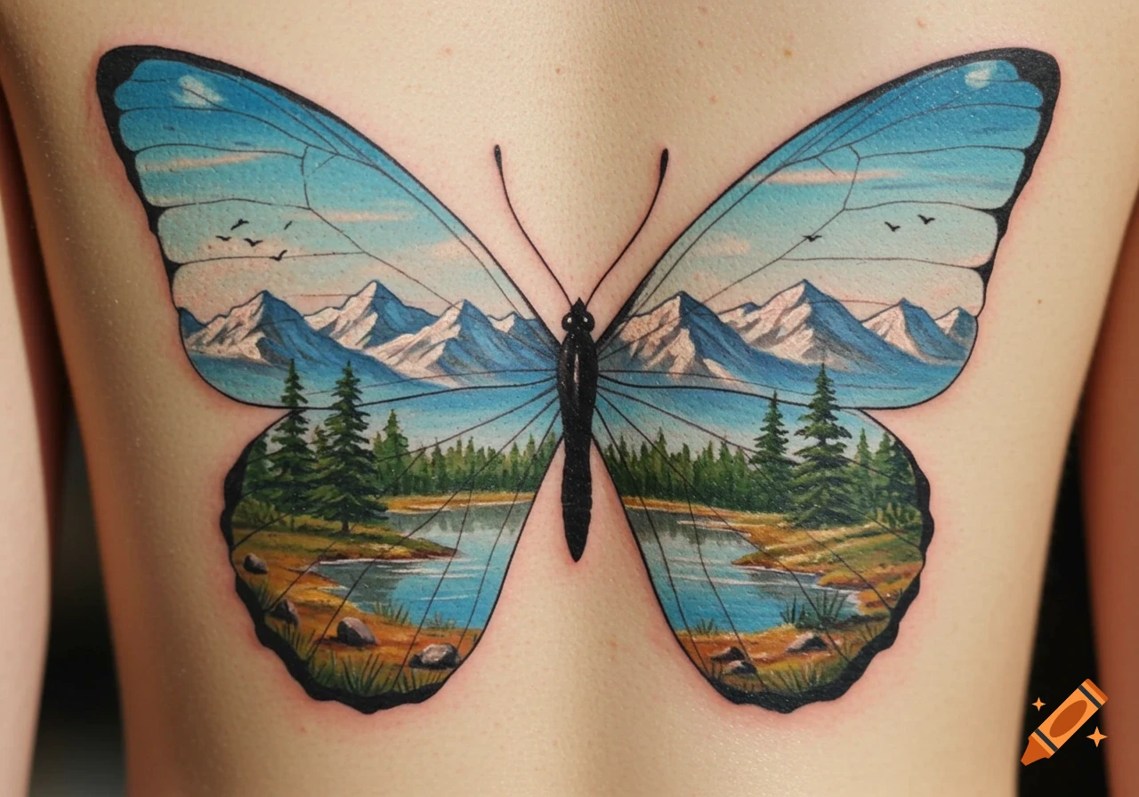 A detailed butterfly tattoo on a person's back, with its wings depicting a vibrant Bob Ross-style mountain and lake landscape.