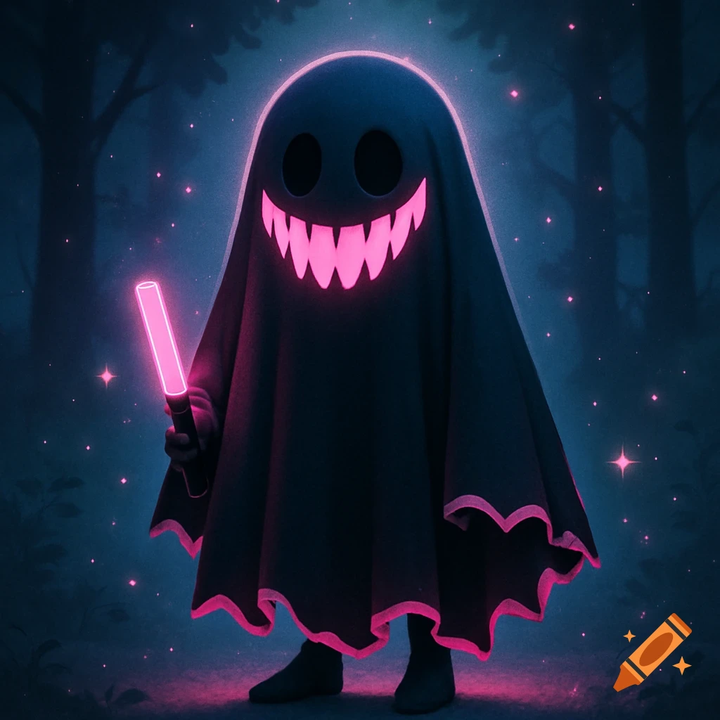A glowing ghost in a black sheet costume with bright pink eyes and jagged teeth holds a pink lightstick in a magical dark forest.
