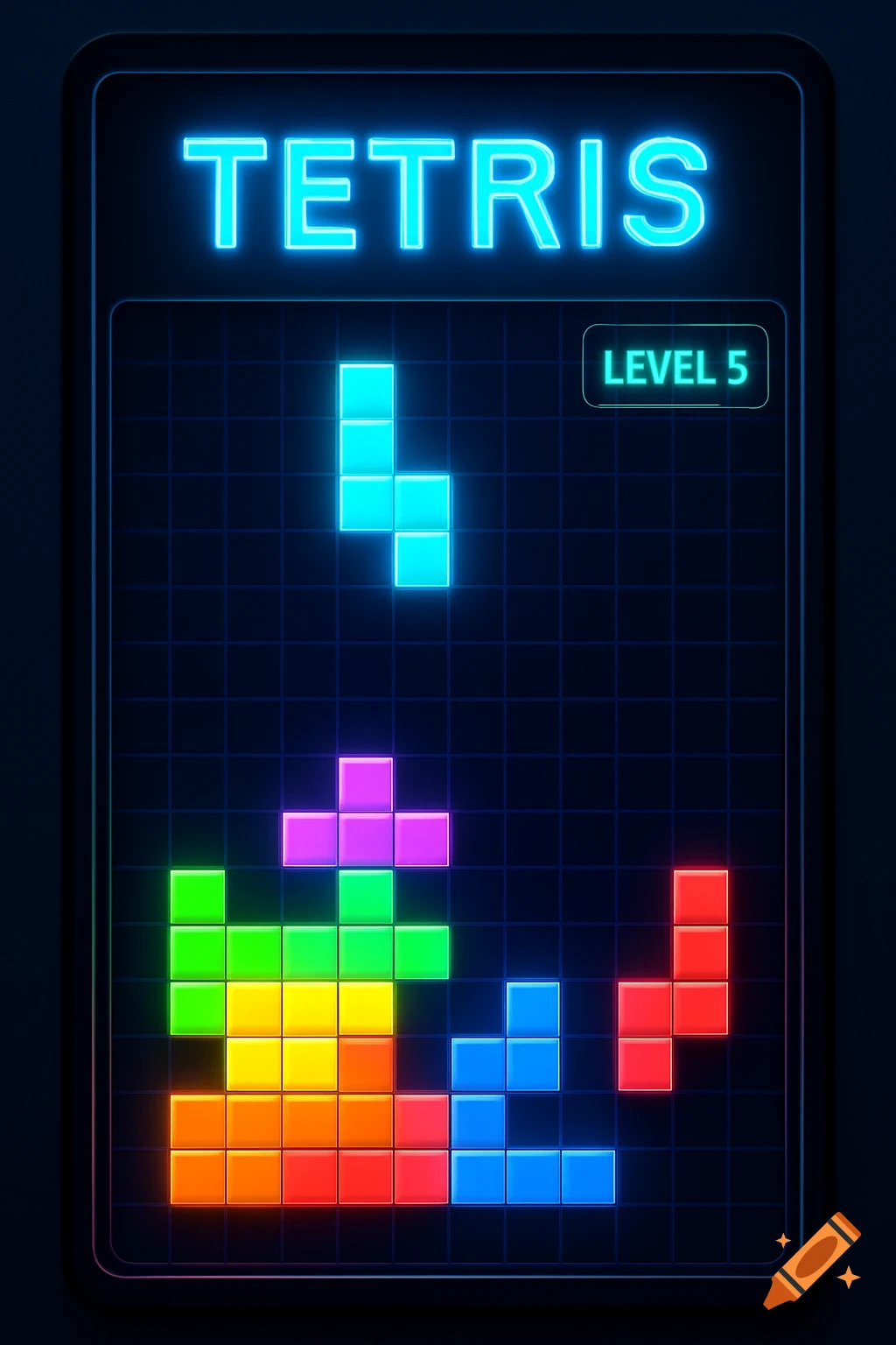 A neon-lit Tetris game screen with colorful falling blocks and 'LEVEL 5' displayed, against a dark grid background.