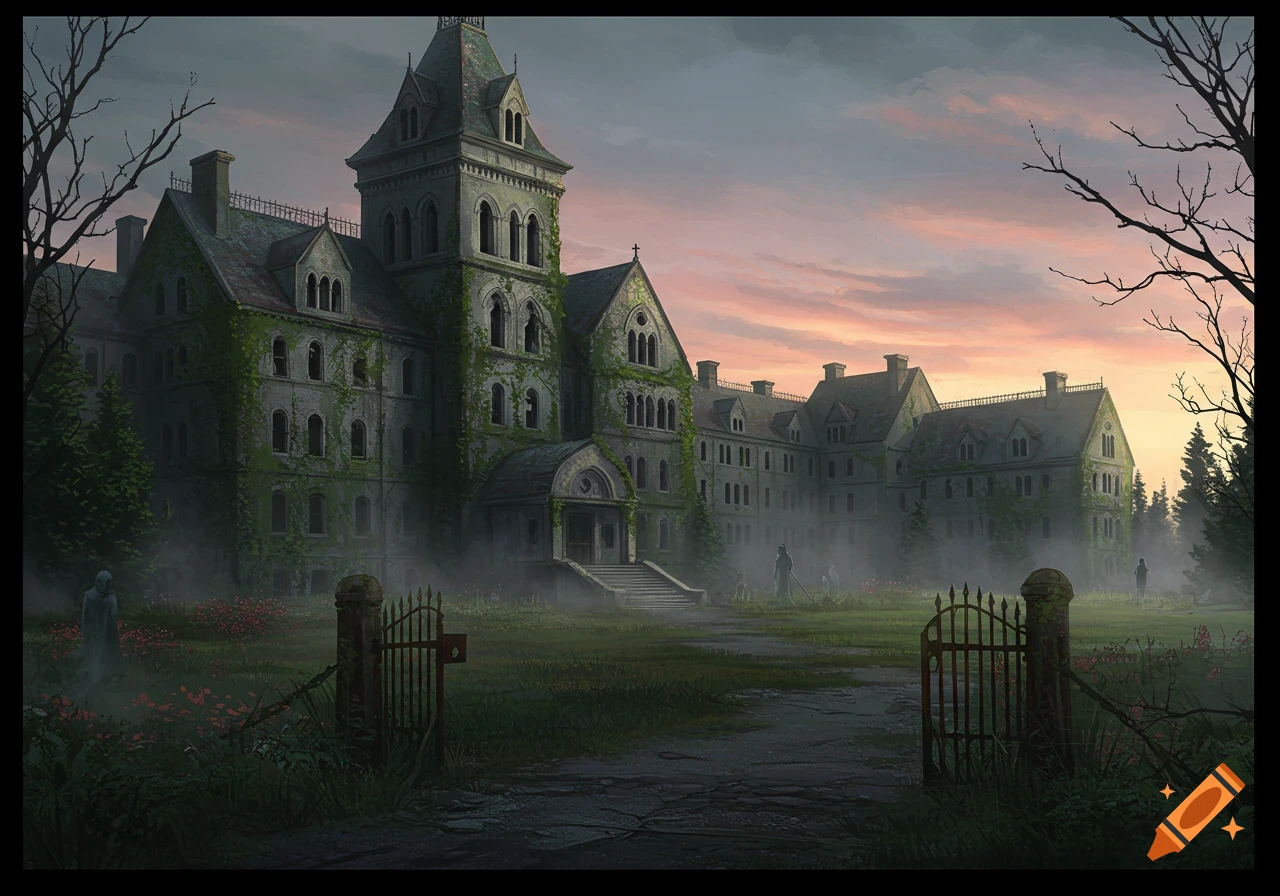 An eerie, abandoned asylum building covered in vines, seen through a rusty gate on a misty, overgrown lawn at sunset, in a digital painting.