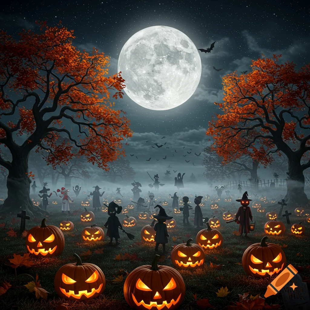 A spooky Halloween night with a giant full moon, glowing jack-o'-lanterns, costumed figures, autumn trees, and bats in a foggy field.