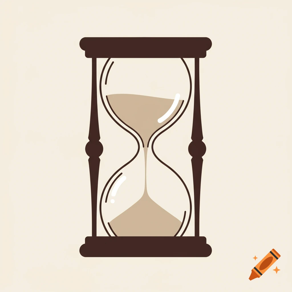 A simple illustration of an hourglass with brown sand flowing from the top to the bottom chamber on a light background.