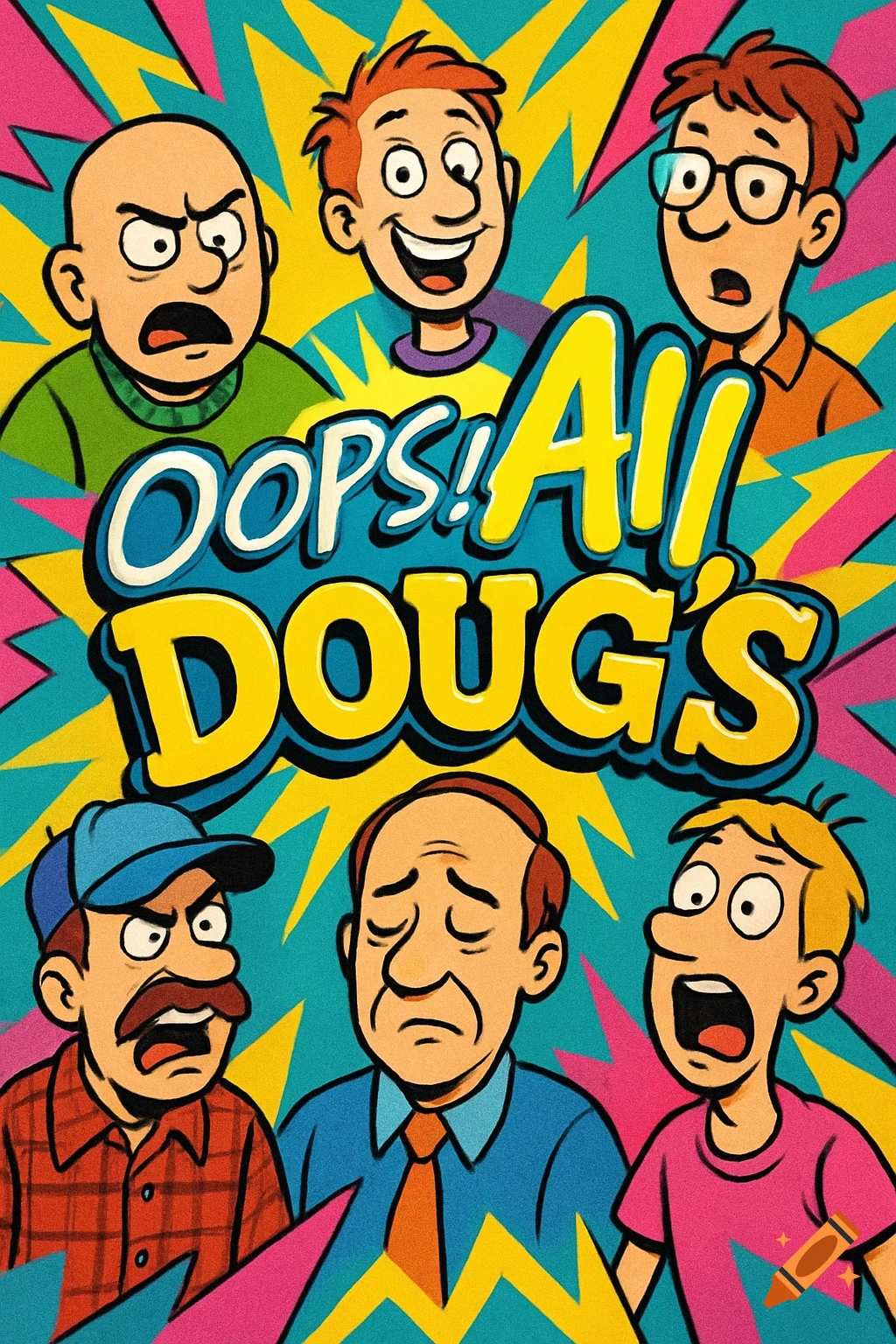 A vibrant cartoon poster featuring six men with various expressions, centered around bold text that reads 'Oops! All Doug's'.