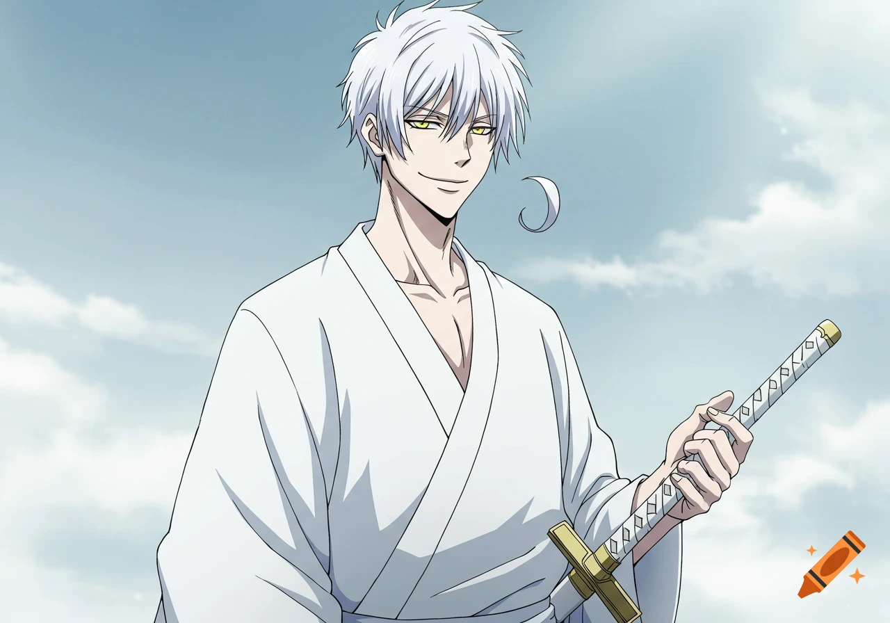 Anime man with white hair, yellow eyes, and an arrogant smile, holding a katana in a white kimono against a cloudy sky.