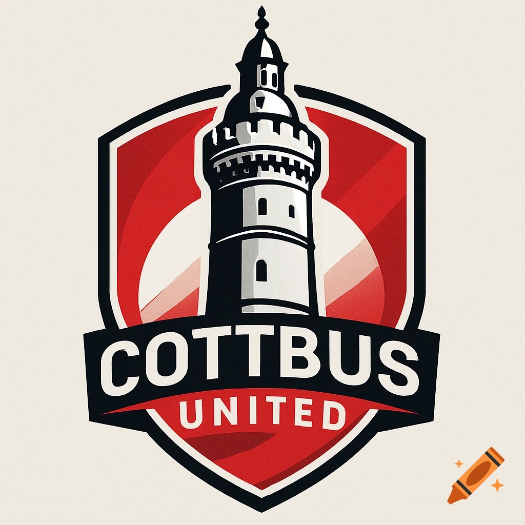 A red and white shield logo featuring a white tower and the text 'COTTBUS UNITED' in a bold, clean style.