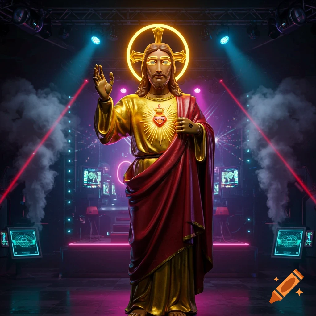 A golden Glamrock animatronic statue of Jesus Christ with a glowing halo, raising one hand on a neon-lit stage with lasers and smoke.